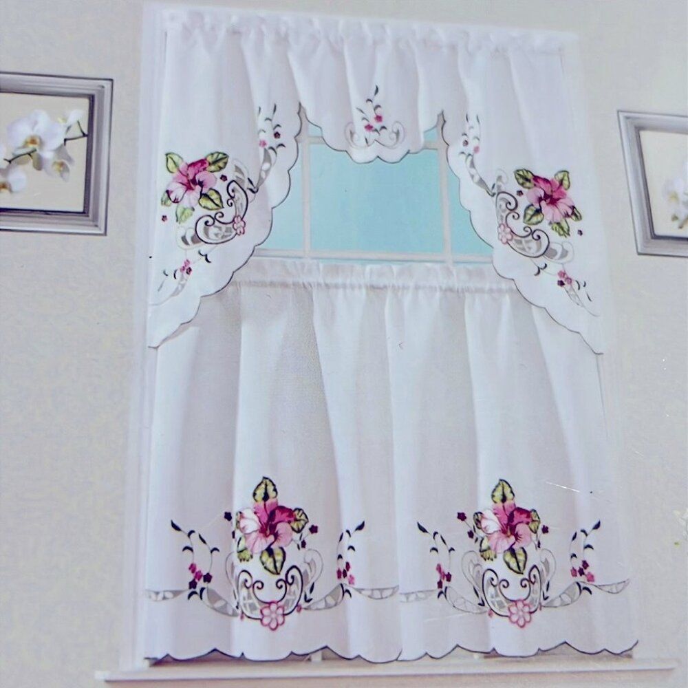 White Floral Embroidered Kitchen Curtain Set